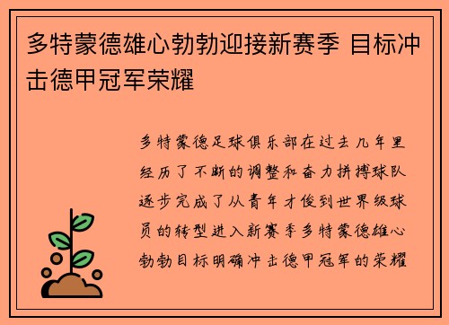多特蒙德雄心勃勃迎接新赛季 目标冲击德甲冠军荣耀
