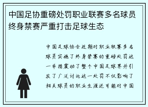 中国足协重磅处罚职业联赛多名球员终身禁赛严重打击足球生态