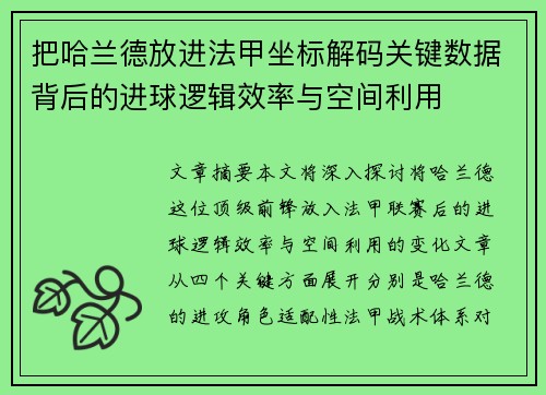 把哈兰德放进法甲坐标解码关键数据背后的进球逻辑效率与空间利用